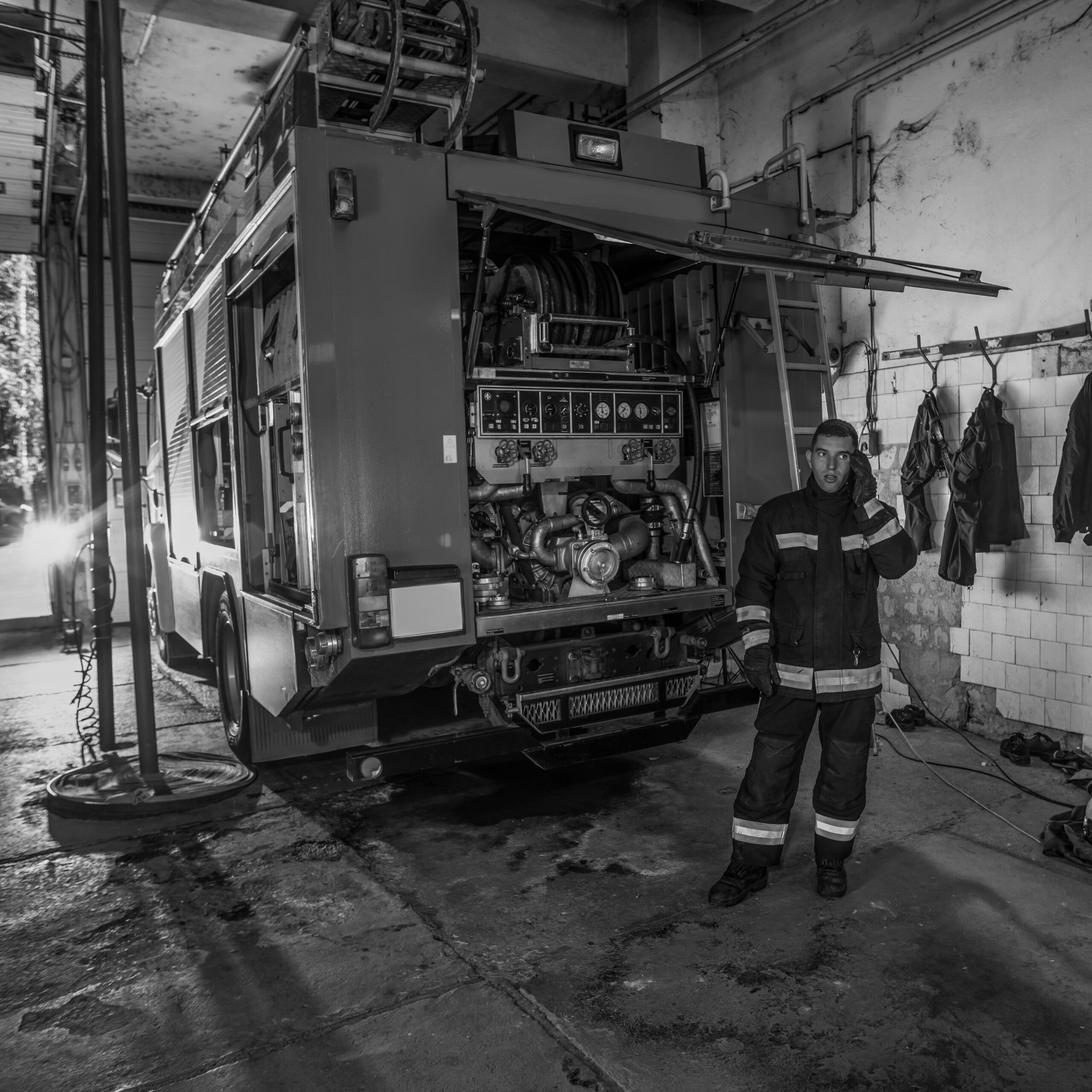 A firefighter repairing the fire engine in the fire station